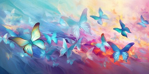 Fototapeta na wymiar Prismatic Butterfly Dreams: An abstract representation of prismatic butterflies in flight, forming intricate patterns in a soft, pastel palette, conveying a sense of beauty, transformation, and grace 