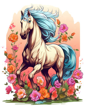 Cartoon comic Horse Walking in flowers, Isolated background,  