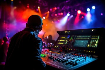 A sound engineer mixing live audio at a music concert.