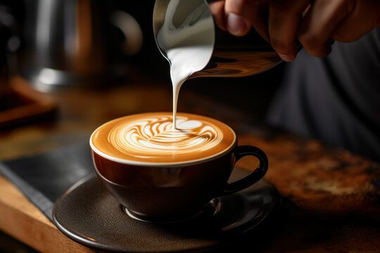 Barista pouring frothy milk into a cup, creating a latte art pattern.