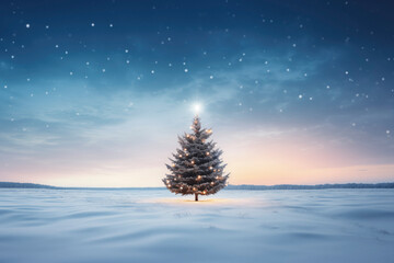 Christmas trees illuminated in a snowy field winter holiday background