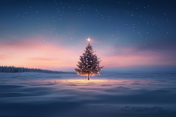 Christmas trees illuminated in a snowy field under a starry sky winter holiday background