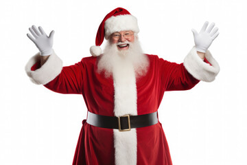 Santa Claus in his red suit taking on a white background at Christmas
