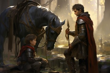 A young squire assisting a knight in preparing for battle. - obrazy, fototapety, plakaty