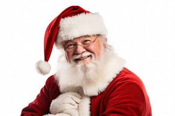 Santa Claus in his red suit taking on a white background at Christmas