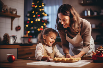 Mother and daughter bake holiday Christmas cookies