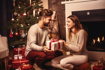 Young couple celebrating Christmas time and giving holiday presents