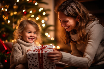 Mother and daughter celebrating Christmas time and giving holiday presents