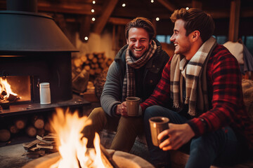 Men in a winter cabin sitting by a fire in winter