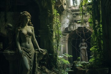 Abandoned ruins with overgrown vines, ancient statues, and hidden secrets.