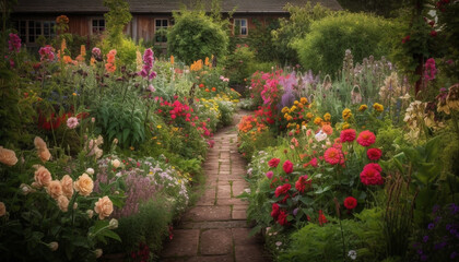 Fototapeta na wymiar A colorful garden blooms, nature beauty in a formal yard generated by AI