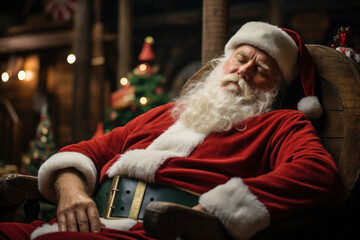 Santa Claus in his red suit taking a nap on a comfortable chair after Christmas - obrazy, fototapety, plakaty