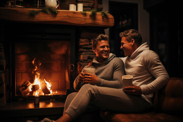 Young gay couple enjoy a drink in front of a fireplace in a winter cabin resort