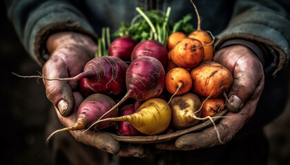 Hand holding fresh organic vegetables from the farm harvest generated by AI