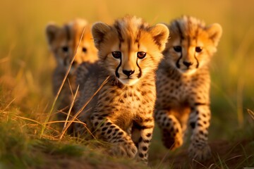 Agile cheetah cubs learning to stalk in the grass.