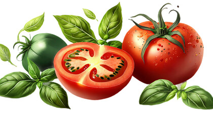 Fototapeta premium garden design element made of ripe whole and sliced tomatoes, basil leaves and black and green corns/diet isolated over a Transparent background,cook cut-out /food