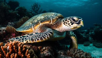 Naklejka na ściany i meble Underwater turtle swimming in tranquil blue sea, surrounded by coral generated by AI
