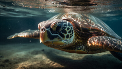 Fototapeta premium A large sea turtle swimming underwater in the tropical reef generated by AI