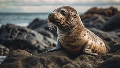 Cute seal pup resting on wet rock, looking at camera generated by AI - obrazy, fototapety, plakaty
