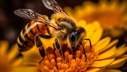 Busy honey bee collecting pollen from a vibrant yellow flower generated by AI