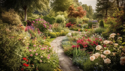 The green grass and colorful flowers create a tranquil landscape generated by AI