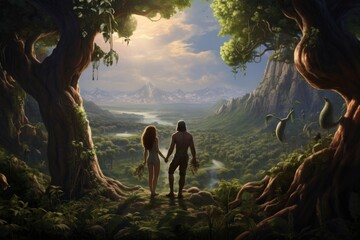 Adam and Eve in the Garden of Eden. - obrazy, fototapety, plakaty