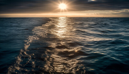 Obraz premium Sunset over water, tranquil scene, yacht sailing on horizon generated by AI