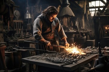 Blacksmith forging a knight's sword, craftsmanship, dedication. - obrazy, fototapety, plakaty