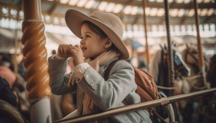 Obraz premium A cute Caucasian boy sitting outdoors, smiling, playing with a baby horse generated by AI