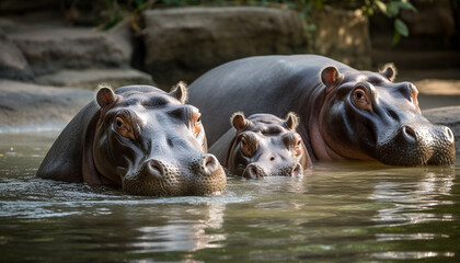 A cute hippopotamus calf looking at camera in the wild generated by AI
