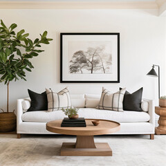 Comfortable apartment suite lounge. Minimalist living room interior with white walls and cozy pillows on a beige sofa