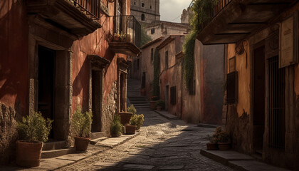 Fototapeta na wymiar Ancient Italian architecture, narrow streets, and old fashioned lanterns at dusk generated by AI