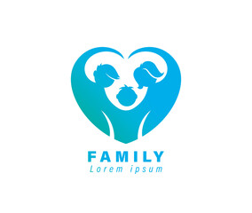 Family of three people in a heart shape logo. Parental care and love sign