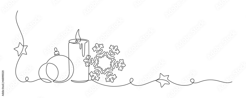 Aufkleber one continuous line drawing of christmas greeting card. festive candle with snowflake and christmas 