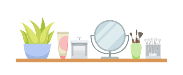 Bathroom items set. Wooden shelf with mirror, plant and creams and lotions. Make up and skin care. Poster or banner. Cartoon flat vector illustration isolated on white background