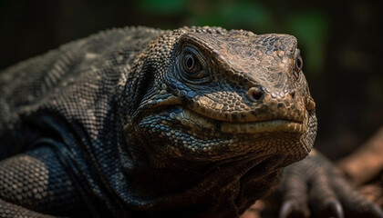Fototapeta premium Large iguana in tropical rainforest, looking at camera with focus generated by AI