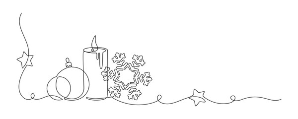 One continuous line drawing of Christmas greeting card. Festive candle with snowflake and christmas tree toy for winter xmas holiday concept in simple linear style. Doodle contour vector illustration