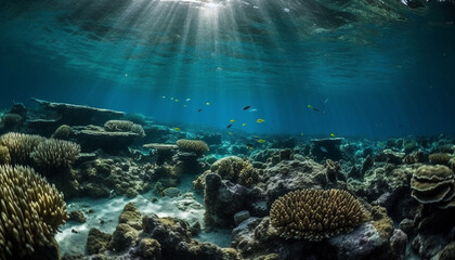 Fototapeta na wymiar Underwater reef fish in nature, swimming below blue water generated by AI