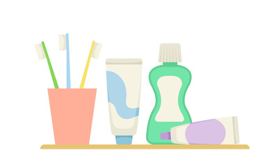 Bathroom items set. Cup with teethbrushes and toothpaste. Soap and shampoo. Cleanliness and hygiene. Template and layout. Cartoon flat vector illustration isolated on white background