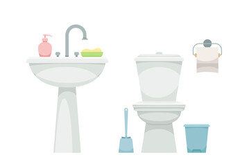 Bathroom items set. Toilet with brush and washbasin with soap and sponge. Cleanliness and hygiene. Template and layout. Cartoon flat vector illustration isolated on white background