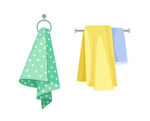 Bathroom items set. Green and yellow towels. Cleanliness and hygiene. Cloth with white dots. Graphic element for website. Cartoon flat vector illustration isolated on white background