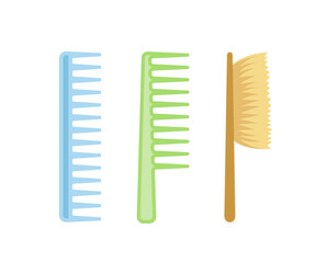 Bathroom items set. Green and blue combs and brushes. Hygiene and cleanliness. Sticker for social networks and messengers. Cartoon flat vector illustration isolated on white background