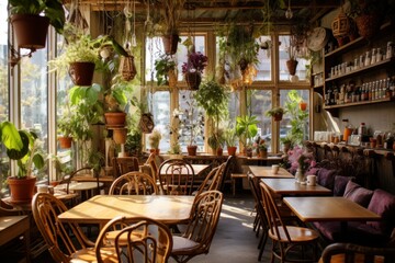 Fototapeta na wymiar Boho-inspired cafe with mismatched furniture and hanging plants.