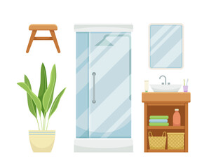 Bathroom items set. Flower in flowerpot, mirror and glass shower cabin. Hygiene and cleanliness. Graphic element for website. Cartoon flat vector illustration isolated on white background