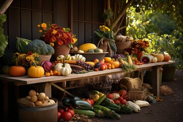 Fototapeta na wymiar Bountiful harvest table laden with fresh produce celebrating autumn festivals.