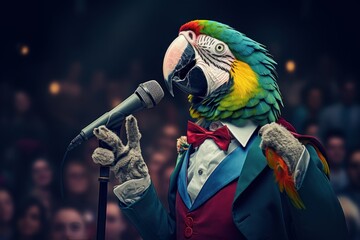 Charismatic parrot politician delivering a speech to fellow birds. - obrazy, fototapety, plakaty