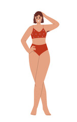 Body positive woman concept. Girl in red swimsuit. Self love and acceptance, mental health. Graphic element for website. Cartoon flat vector illustration isolated on white background