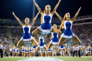 Cheerleaders performing a synchronized routine at halftime. - obrazy, fototapety, plakaty