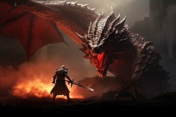 Knight facing a large dragon, bravery, mythical. - obrazy, fototapety, plakaty