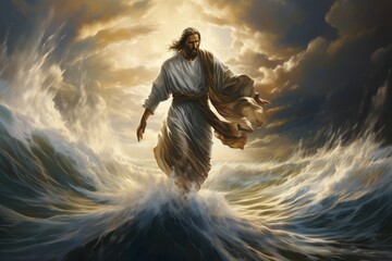 Christ walking on water amidst a storm.